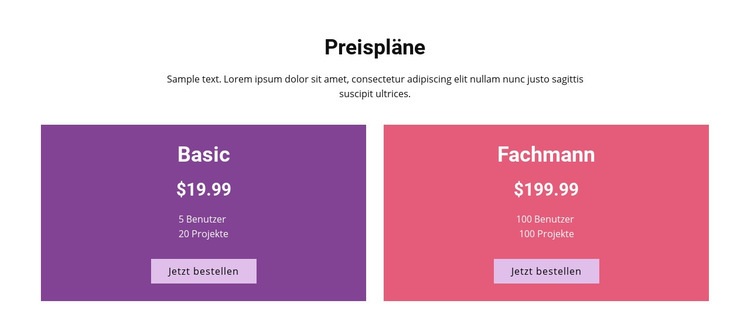 Grundlegende und professionelle Pläne Landing Page