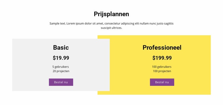 Overlappende prijstabel Website mockup