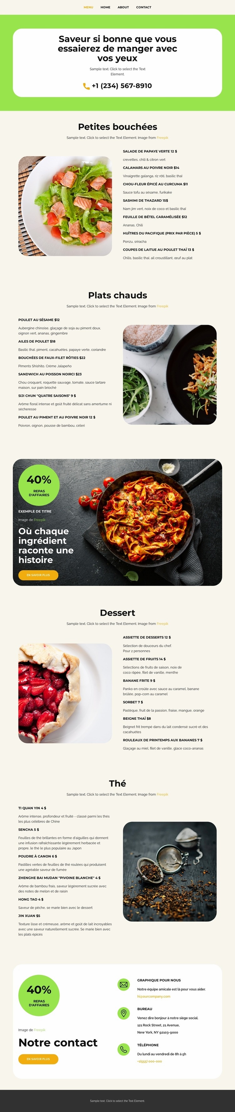 Nos Menus Page de destination