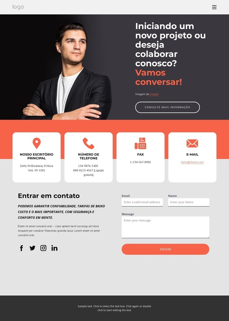 Página de contato da empresa de consultoria Maquete do site