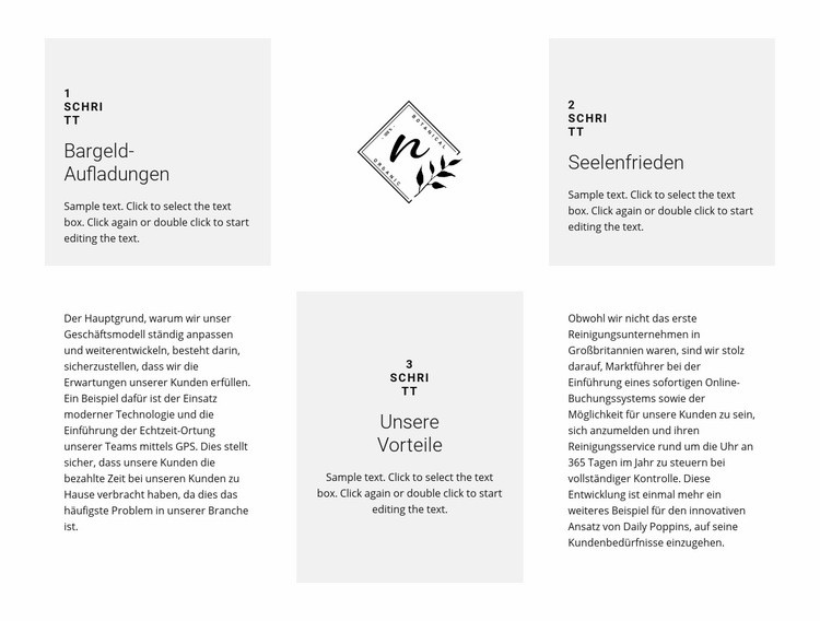 Logo und drei Vorteile Landing Page