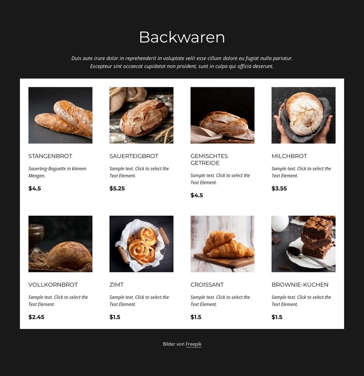 Liste der Backwaren Website design