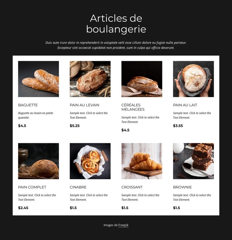 Liste des produits de boulangerie Conception de site Web