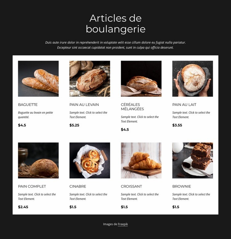 Liste des produits de boulangerie Maquette de site Web