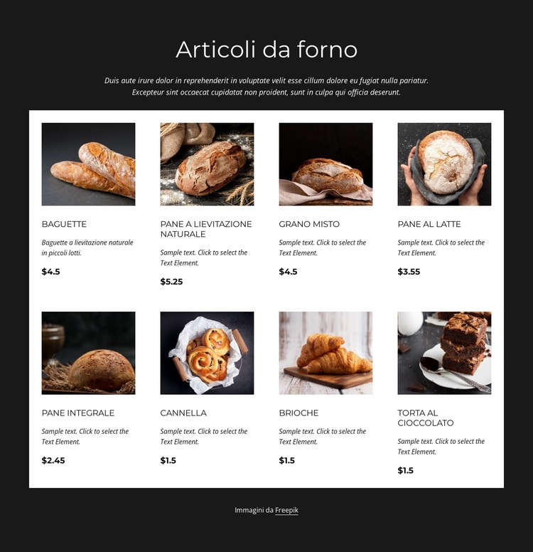 Elenco dei prodotti da forno Modello di sito Web