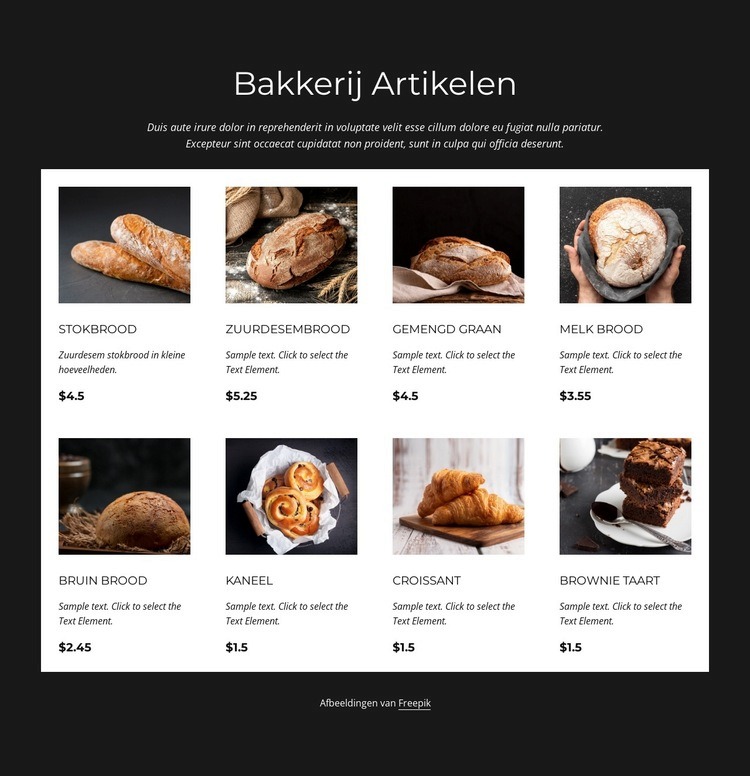 Lijst met gebakken goederen Website mockup