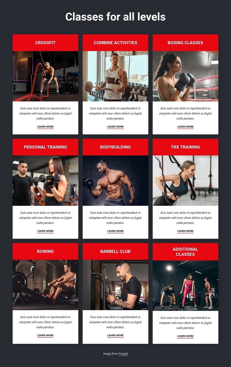 Sport classes for all levels Homepage Design