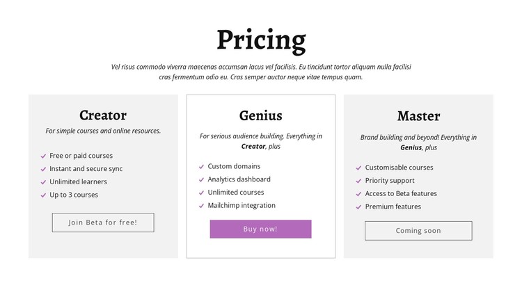 Creator ad other pricing plans CSS Template