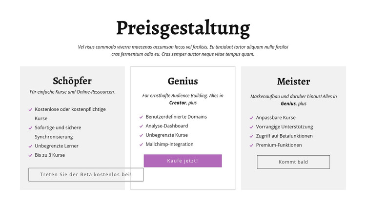 Andere Preispläne für Creator-Anzeigen HTML-Vorlage