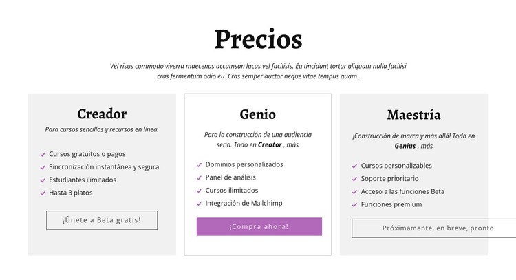 Creator ad otros planes de precios Plantillas de creación de sitios web