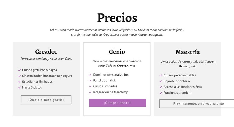 Creator ad otros planes de precios Plantilla CSS