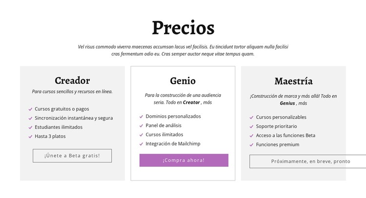 Creator ad otros planes de precios Plantilla HTML5