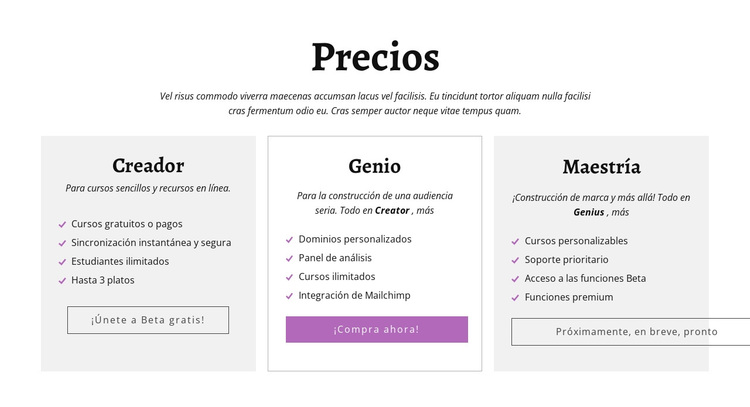 Creator ad otros planes de precios Tema de WordPress