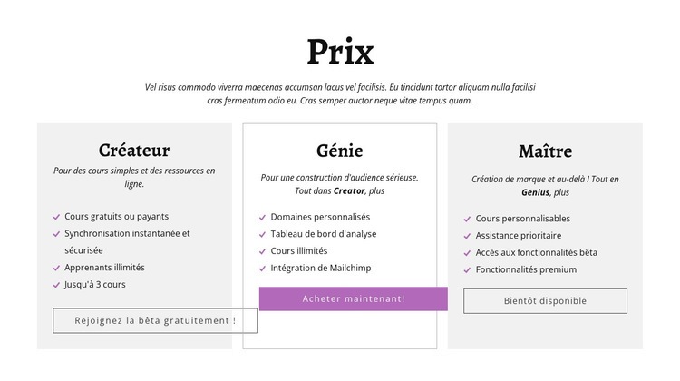 Créateur et autres plans tarifaires Créateur de site Web HTML