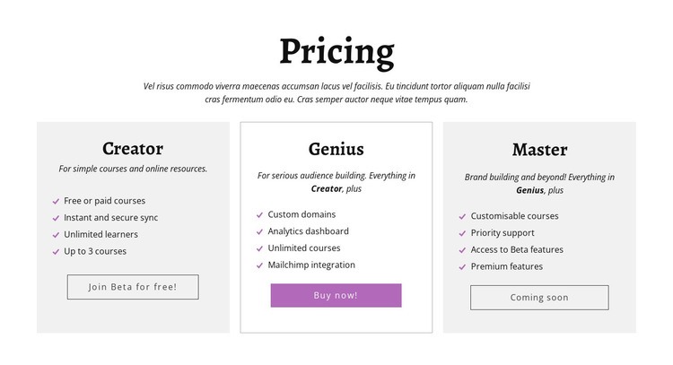 Creator ad other pricing plans Homepage Design