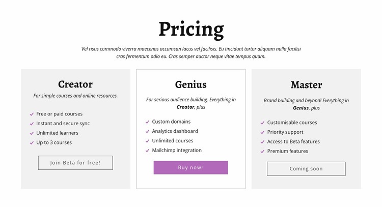 Creator ad other pricing plans Html Code Example