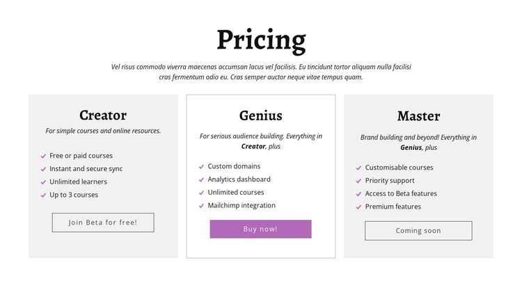 Creator ad other pricing plans HTML Template