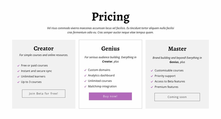 Creator ad other pricing plans Html Website Builder