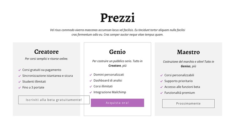 Creator e altri piani tariffari Modello CSS