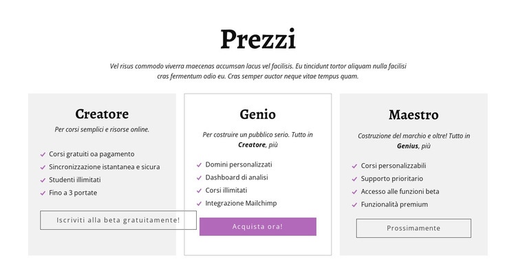 Creator e altri piani tariffari Modello HTML5