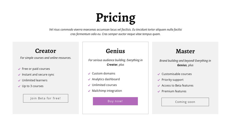 Creator ad other pricing plans Joomla Template