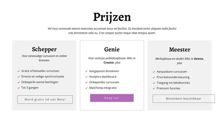 Creator ad andere tariefplannen Website mockup