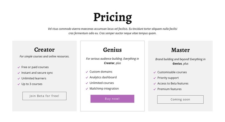 Creator ad other pricing plans Squarespace Template Alternative