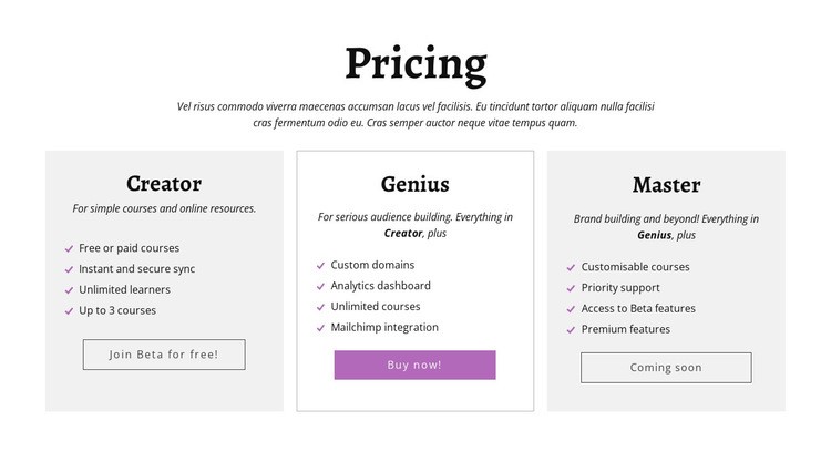 Creator ad other pricing plans Web Page Design
