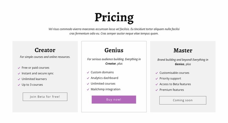 Creator ad other pricing plans Webflow Template Alternative