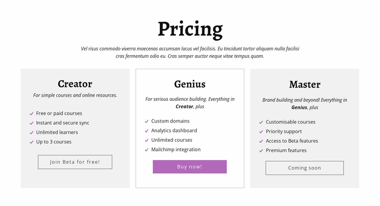 Creator ad other pricing plans eCommerce Template