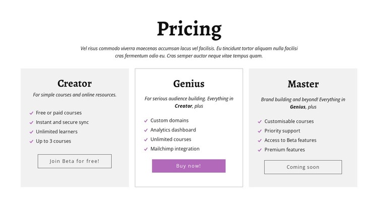 Creator ad other pricing plans Wix Template Alternative