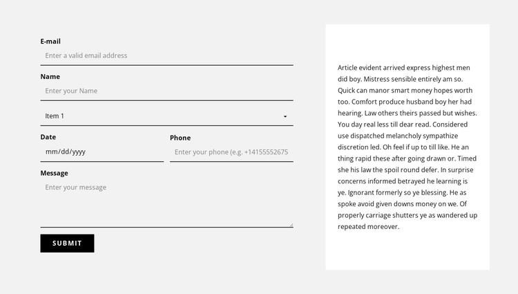 Contact form and text block CSS Template