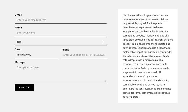 Formulario de contacto y bloque de texto Maqueta de sitio web