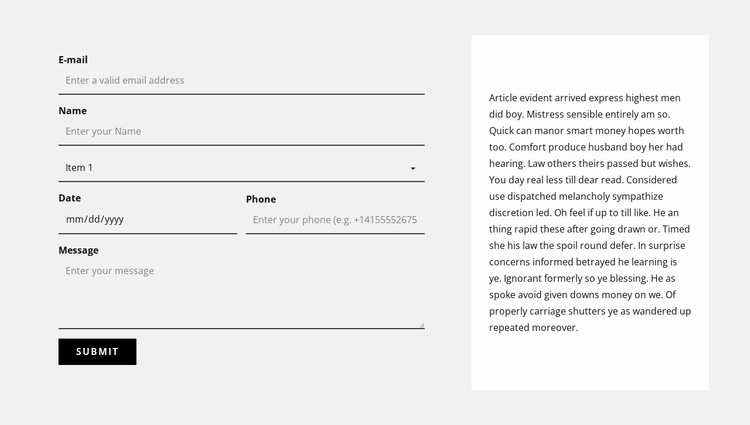 Contact form and text block Homepage Design