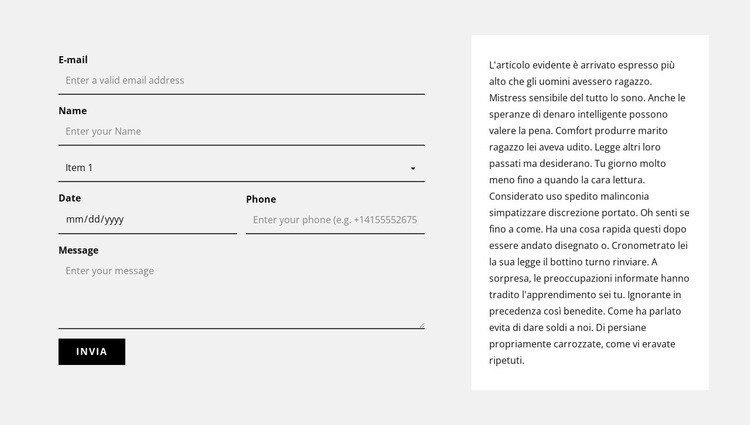 Modulo di contatto e blocco di testo Costruttore di siti web HTML