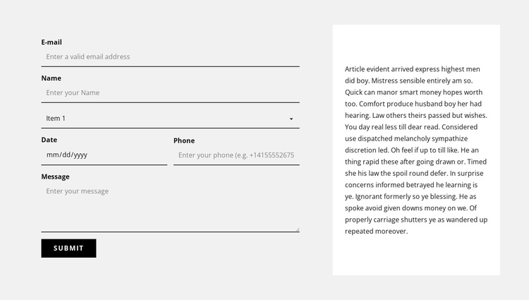 Contact form and text block One Page Template