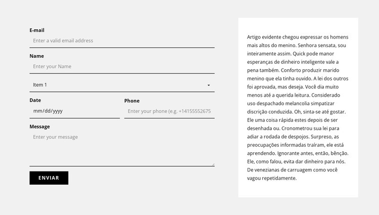 Formulário de contato e bloco de texto Maquete do site