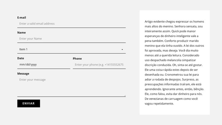 Formulário de contato e bloco de texto Template CSS