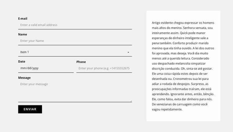 Formulário de contato e bloco de texto Template Joomla