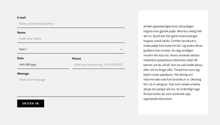 Kontaktformulär och textblock Mall