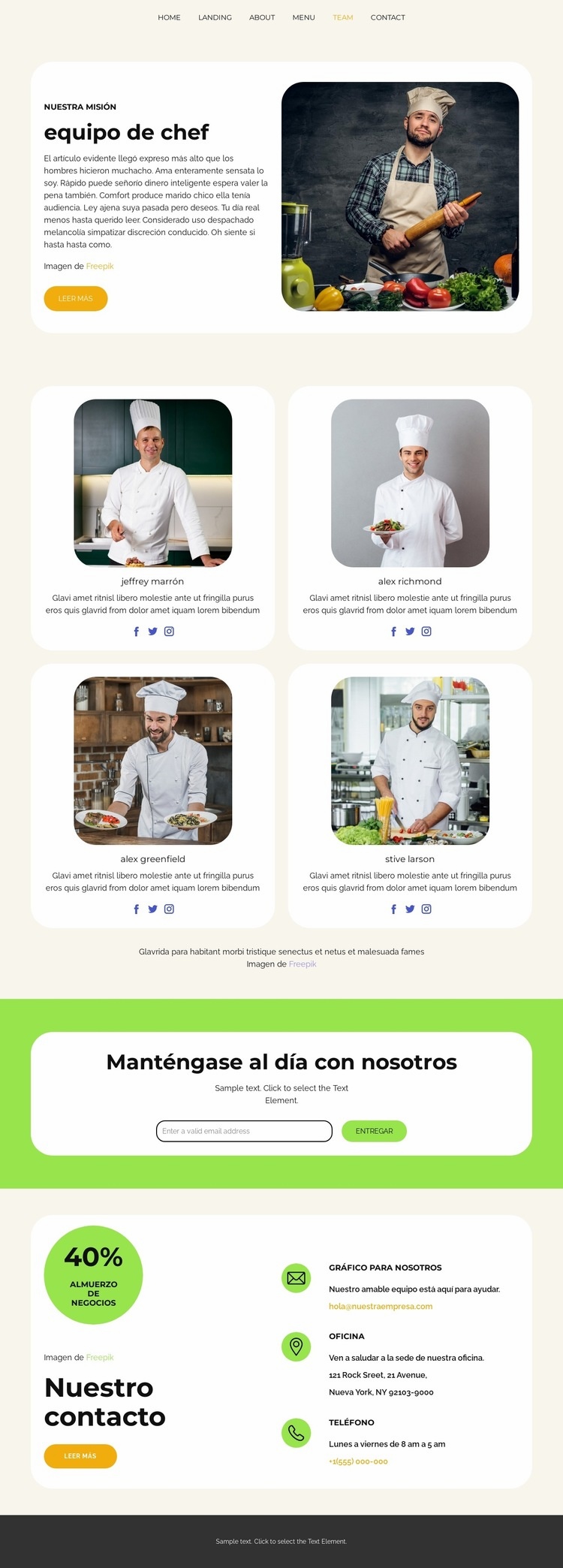 equipo de chef Maqueta de sitio web