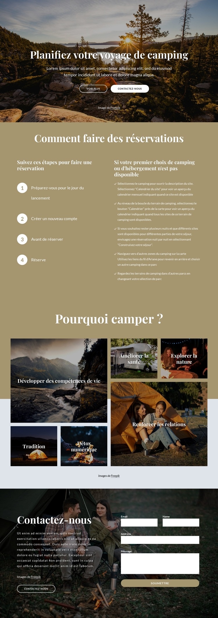 Planifiez votre voyage de camping Maquette de site Web