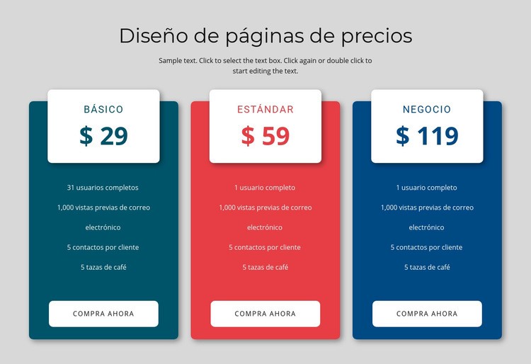 Diseño de bloques de precios Maqueta de sitio web