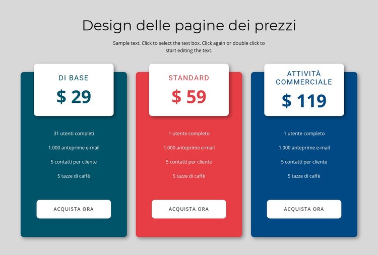 Design del blocco dei prezzi Mockup del sito web