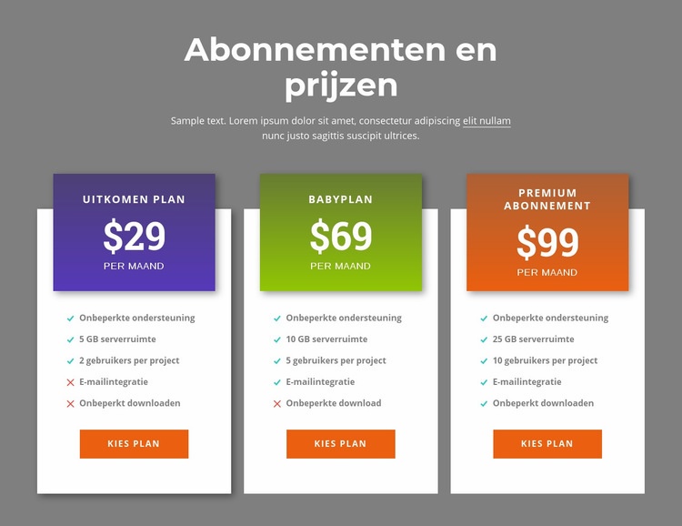 Geweldige tariefplannen Website mockup