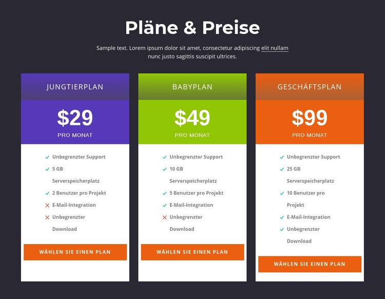 Pläne und Preise Website-Modell