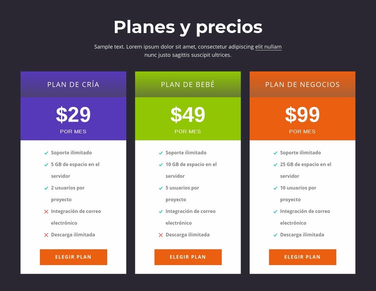 Planes y precios Creador de sitios web HTML