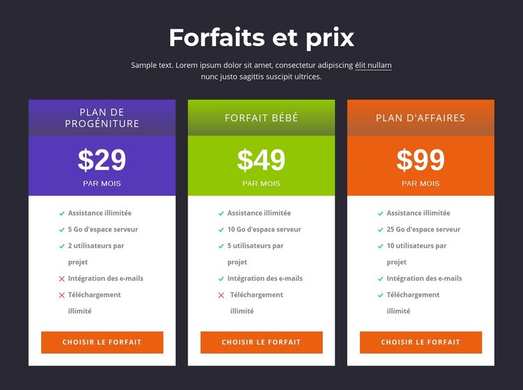 Forfaits et tarifs Modèles de constructeur de sites Web