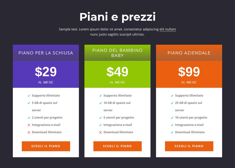 Piani e prezzi Modello di sito Web