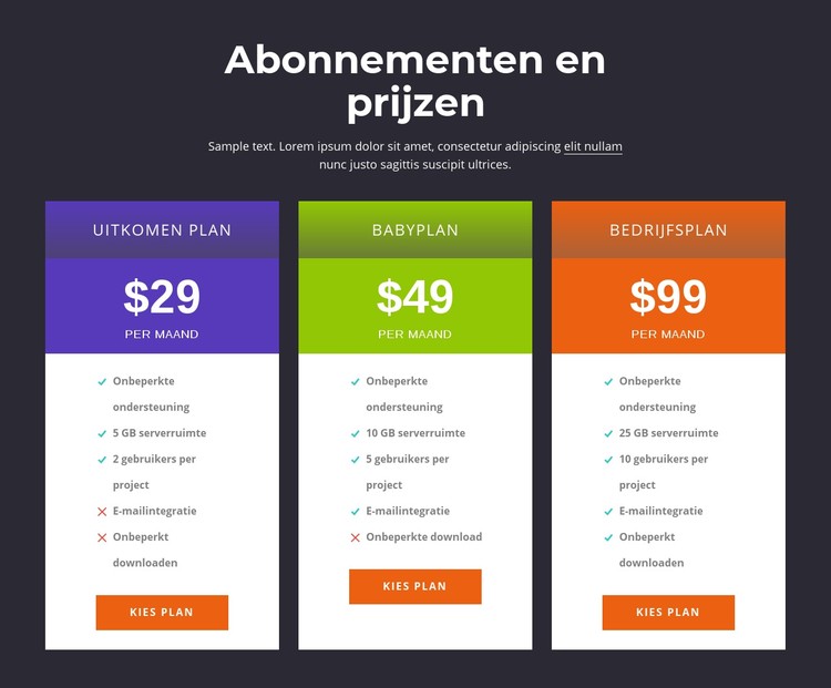 Abonnementen en prijzen CSS-sjabloon